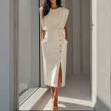 Camille | Structured Shoulder Midi Dress with Side Split