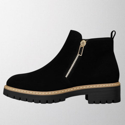 Tara Sinclair Suede Ankle Black Boots With Gold Zip Detail for Women