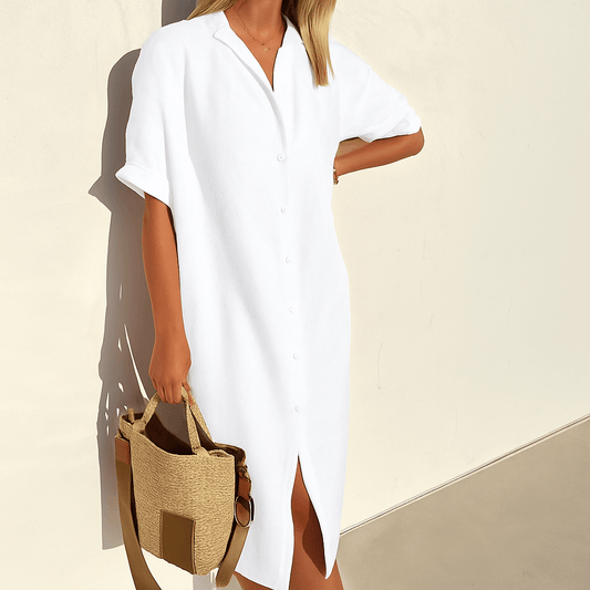 Button-Down Linen Shirt Summer Midi Dress with Collar for Women