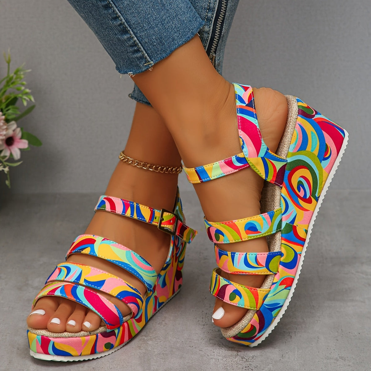 Piper Ashworth Multicolour Wedge Platform Sandals with Ankle Strap