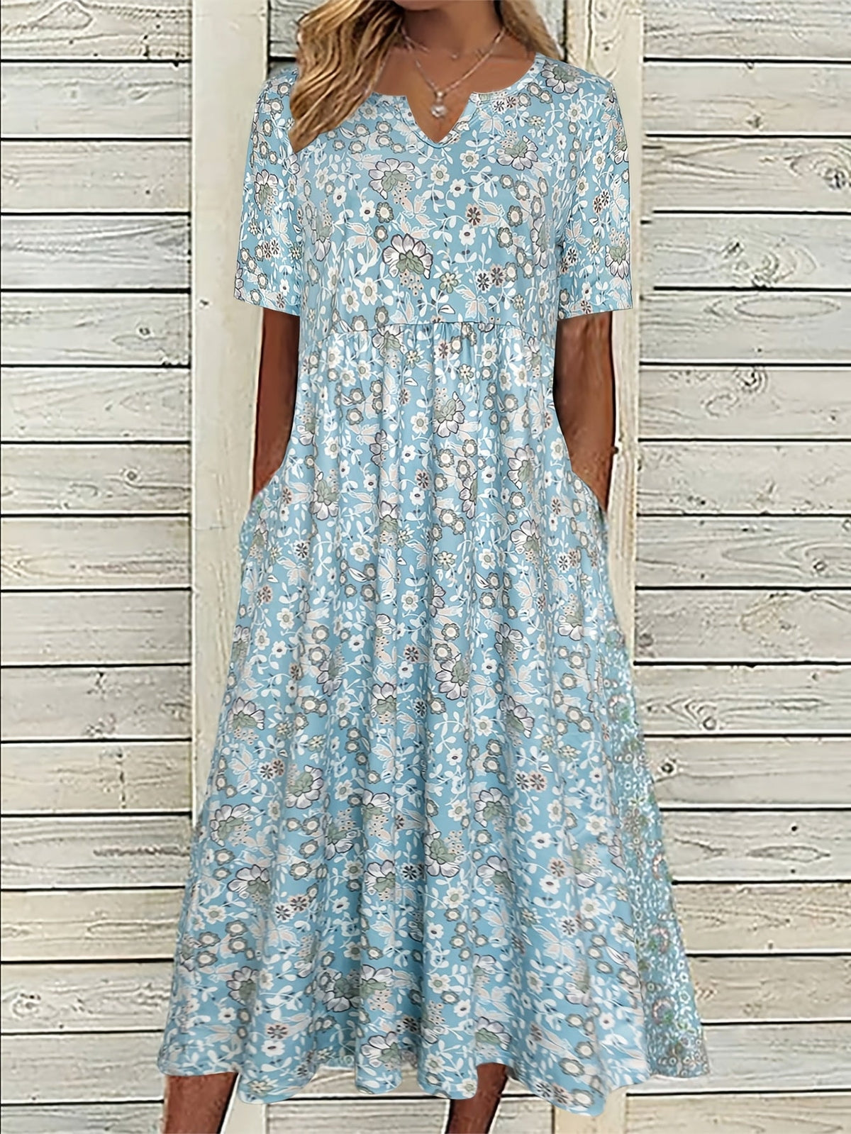 Women's Short-Sleeve Midi Dress with Ditsy Floral Print V-Neck and Pockets
