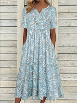 Women's Short-Sleeve Midi Dress with Ditsy Floral Print V-Neck and Pockets