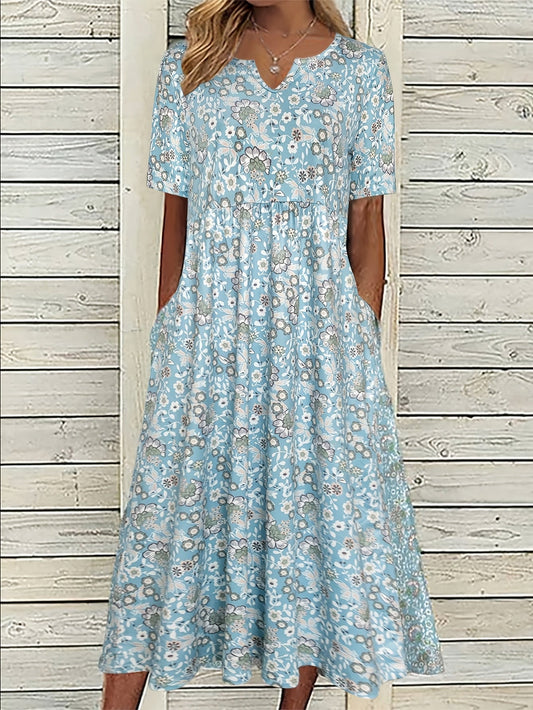 Women's Short-Sleeve Midi Dress with Ditsy Floral Print V-Neck and Pockets