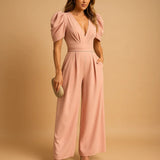 Isabelle Puff Sleeve Wide-Leg Jumpsuit with Pockets