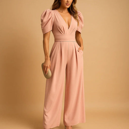 Isabelle Puff Sleeve Wide-Leg Jumpsuit with Pockets