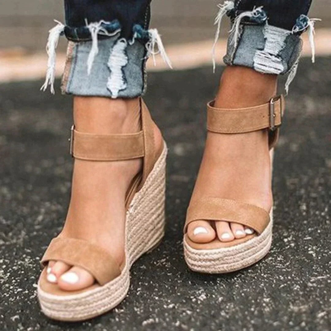 Joyce Open-Toe Espadrille Sandals with Wedge Heel and Buckle Ankle Strap