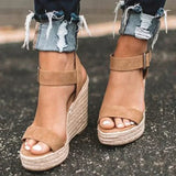 Joyce Open-Toe Espadrille Sandals with Wedge Heel and Buckle Ankle Strap