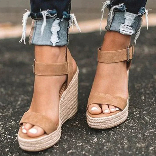 Joyce Open-Toe Espadrille Sandals with Wedge Heel and Buckle Ankle Strap