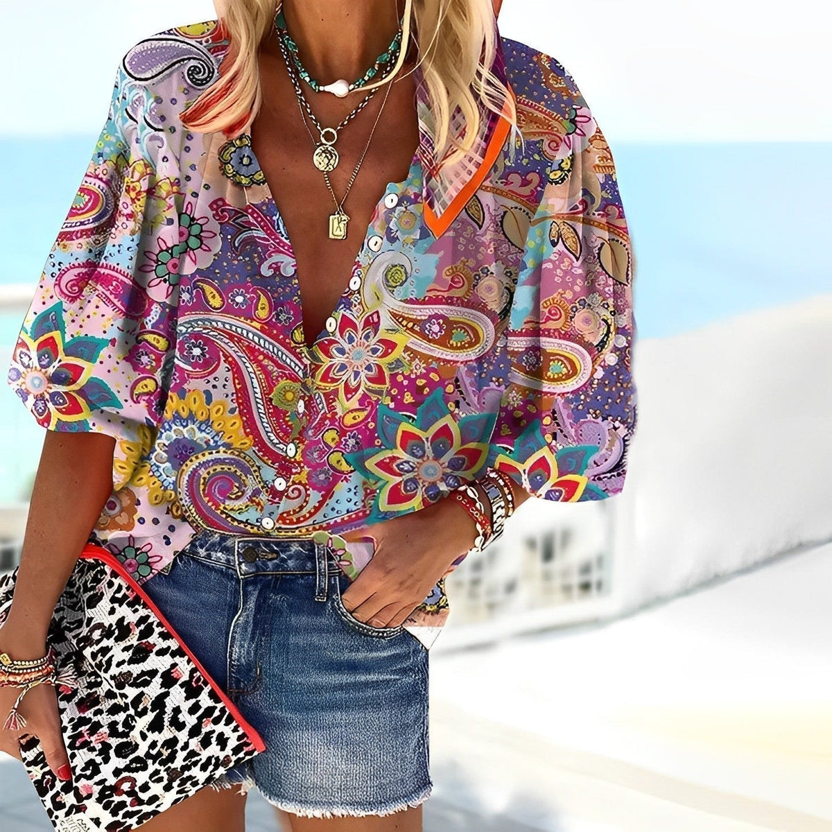 Kendra Paisley Mandala Print Long Sleeve Button-Up Blouse for Women