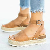 Women's Cushioned PU Leather Espadrille Wedge Sandals with Ankle Strap Buckle