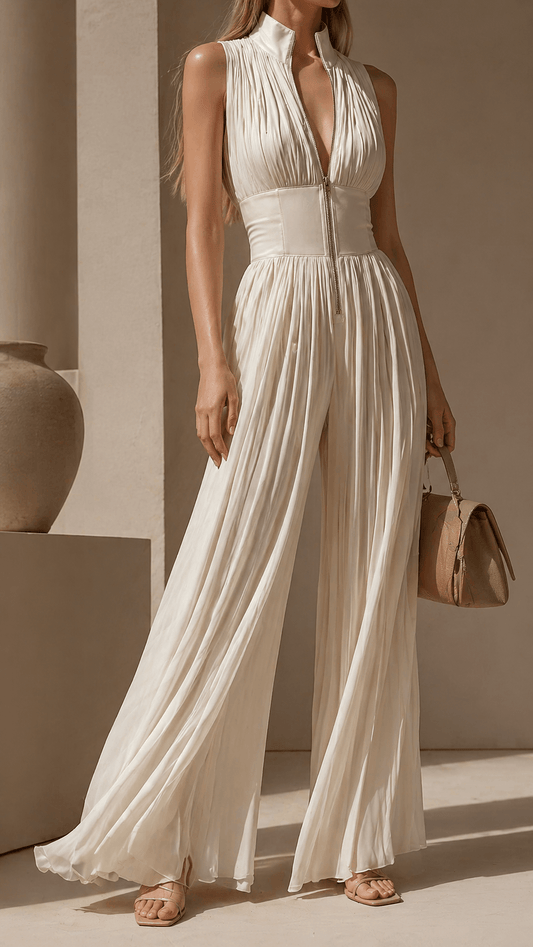 Women's Sleeveless Pleated Wide-Leg Linen Jumpsuit with Zip Front