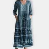 Arwen Boho Maxi Dress with V-Neck Three-Quarter Sleeves and Pockets