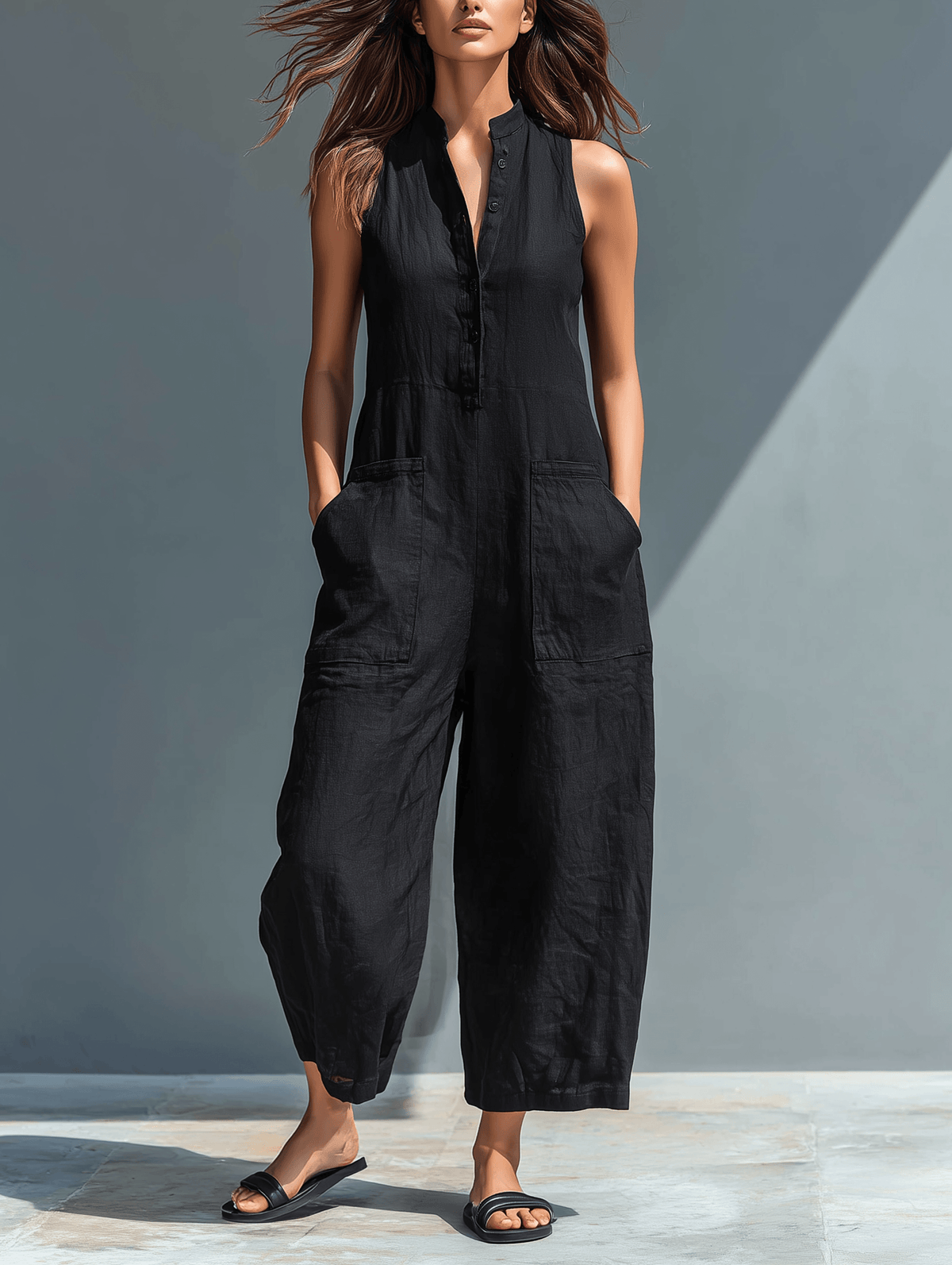 Women's High-Collar Linen Blend Jumpsuit with Button Front and Pockets
