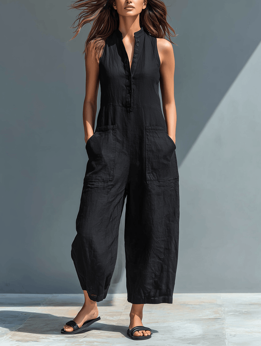 Women's High-Collar Linen Blend Jumpsuit with Button Front and Pockets