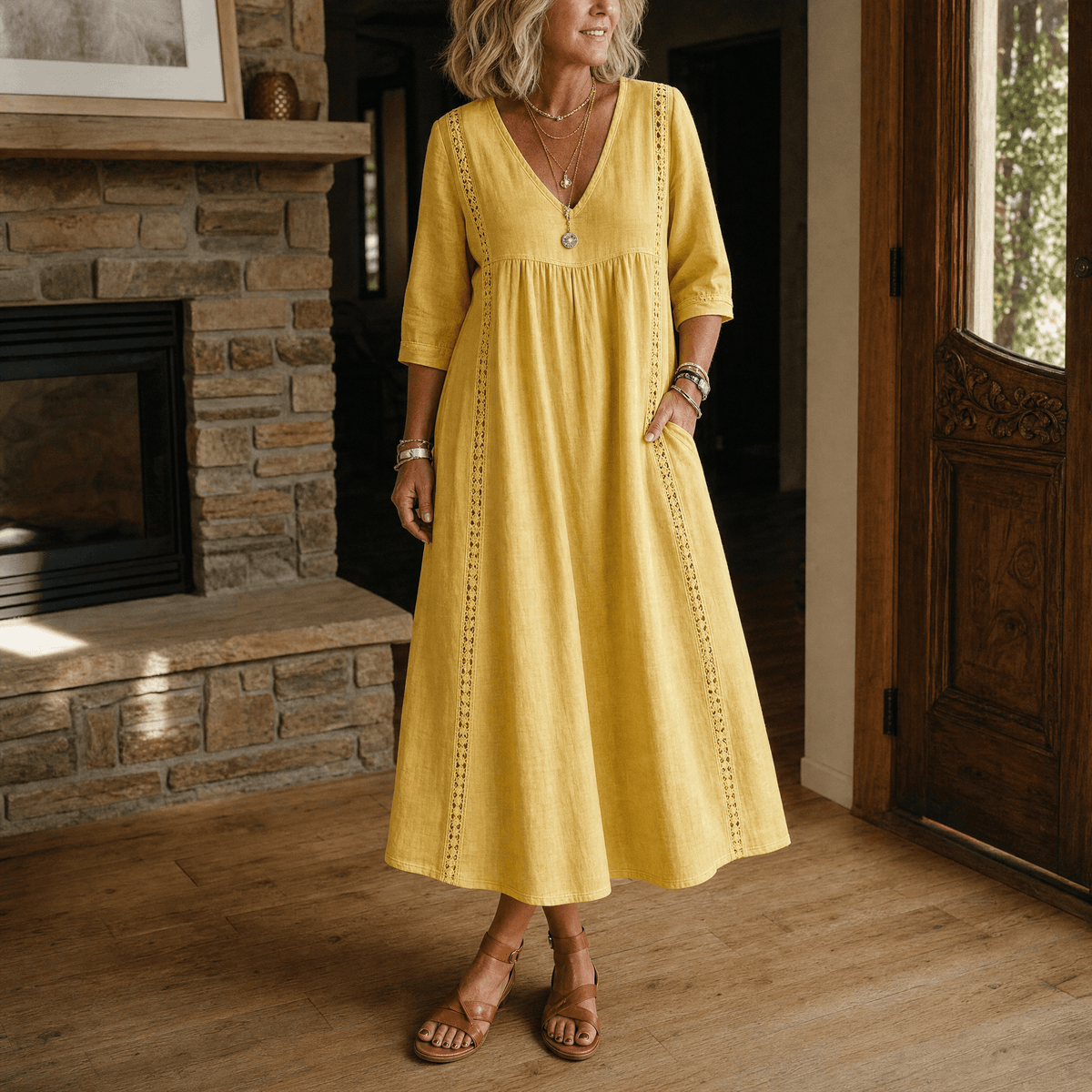 Women's Relaxed Linen-Cotton Summer Midi Dress with Lace Trim and Pockets
