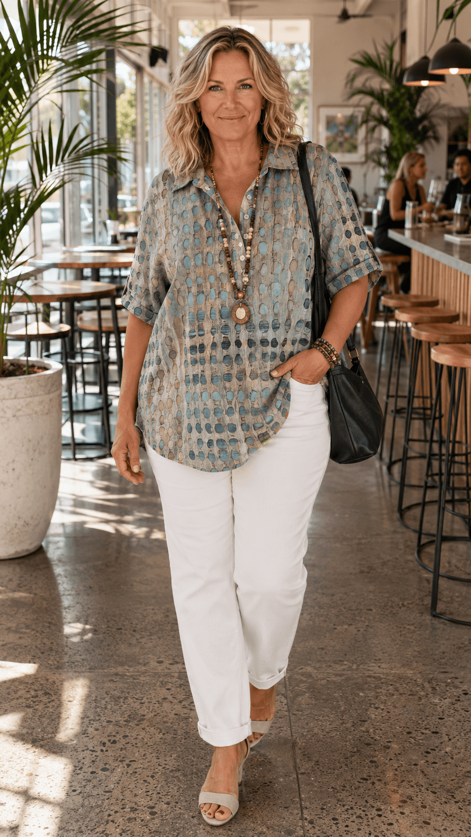 Loose Fit Linen Blend Summer Top with Abstract Dot Print and Short Sleeves