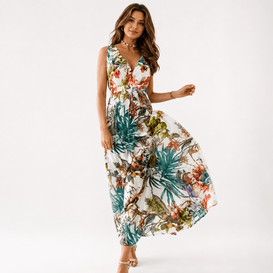 Isla Robertson Tropical Floral V-Neck Cotton Maxi Sundress for Women