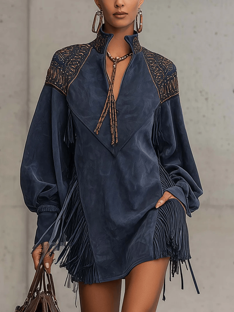 Fringe Tassel Faux Suede Mini Dress with Embroidered Yoke for Women