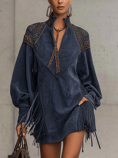 Fringe Tassel Faux Suede Mini Dress with Embroidered Yoke for Women