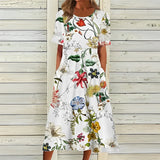 Floral Print Short-Sleeve Women's Midi Dress with Pockets