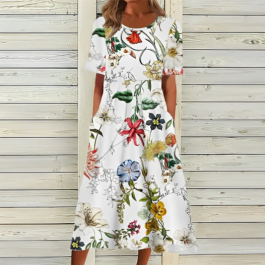 Floral Print Short-Sleeve Women's Midi Dress with Pockets