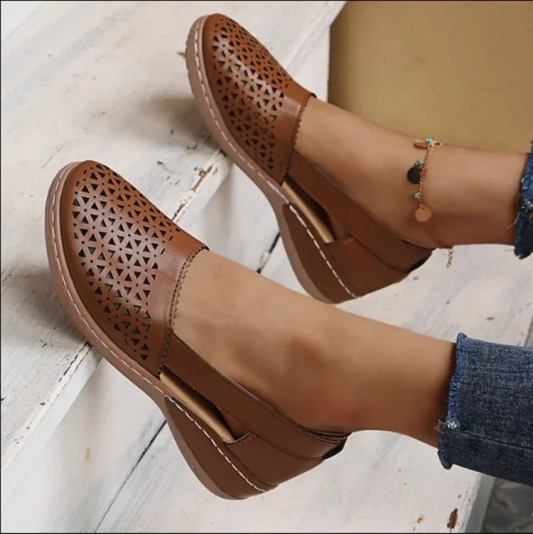 Sun Perforated Slip-On Wedge Shoes with Side Cut-Outs and Cushioned Insole