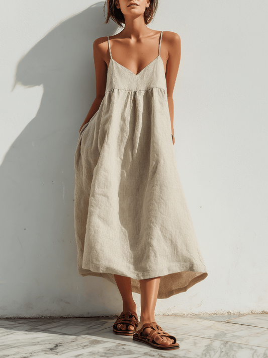 Linen Blend Summer Maxi Dress with Adjustable Straps and Side Pockets