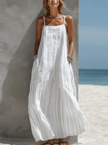 Vertical Striped Loose Woven Summer Maxi Dress with Spaghetti Straps