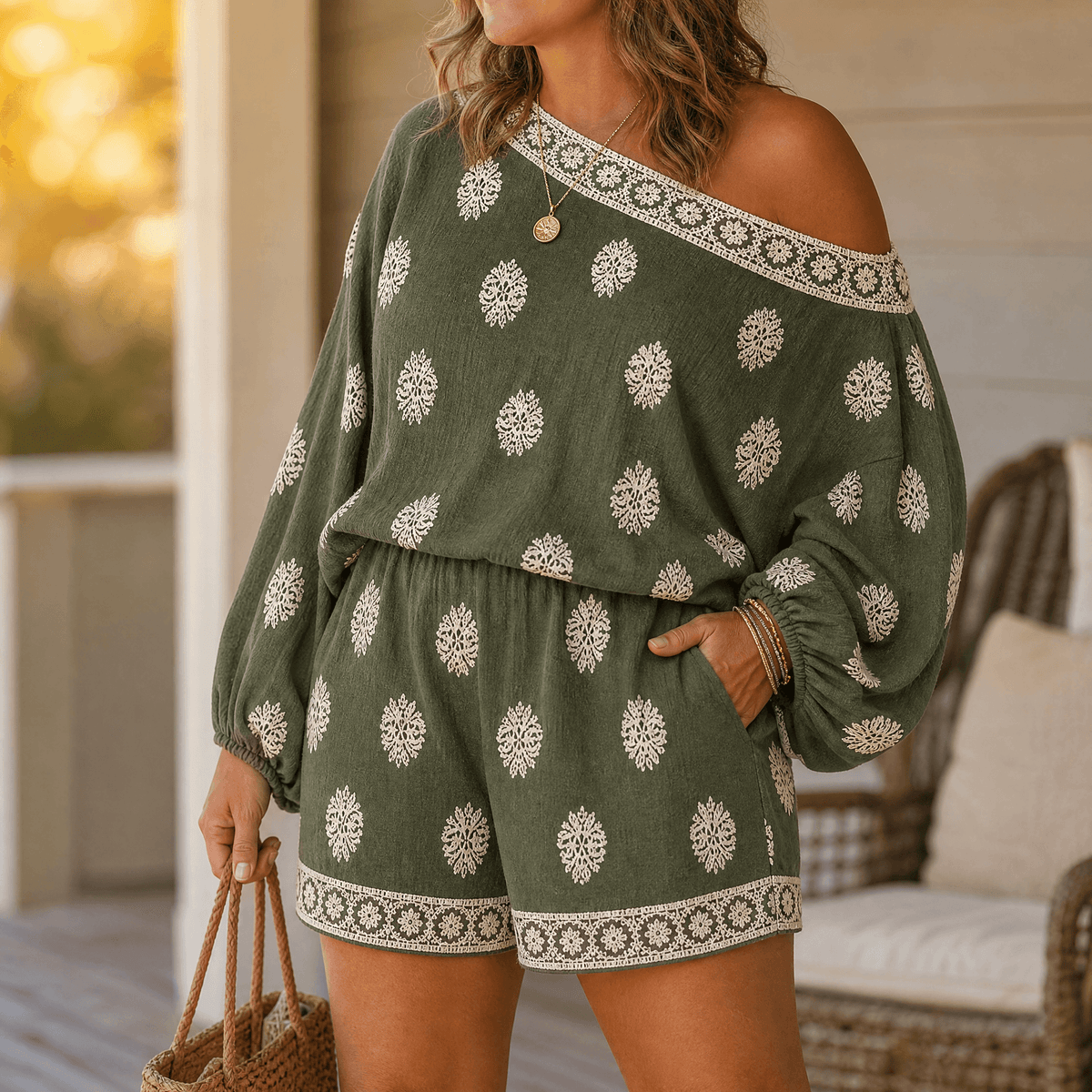 Solenne Off-Shoulder Block Print Two Piece Co Ord Set with Pockets