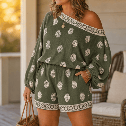 Solenne Off-Shoulder Block Print Two Piece Co Ord Set with Pockets