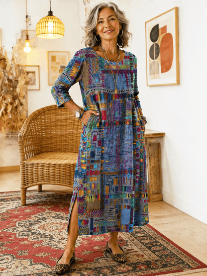 Manuela Ethnic Patchwork Three-Quarter Sleeve Cotton Blend Midi Dress for Women