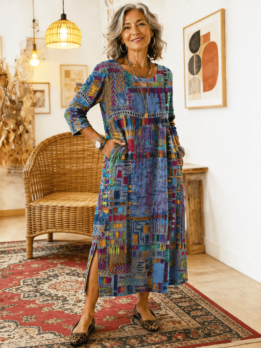 Manuela Ethnic Patchwork Three-Quarter Sleeve Cotton Blend Midi Dress for Women