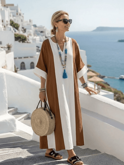 Calindra Colour-Block Short-Sleeve Maxi Dress with Relaxed V-Neck Fit