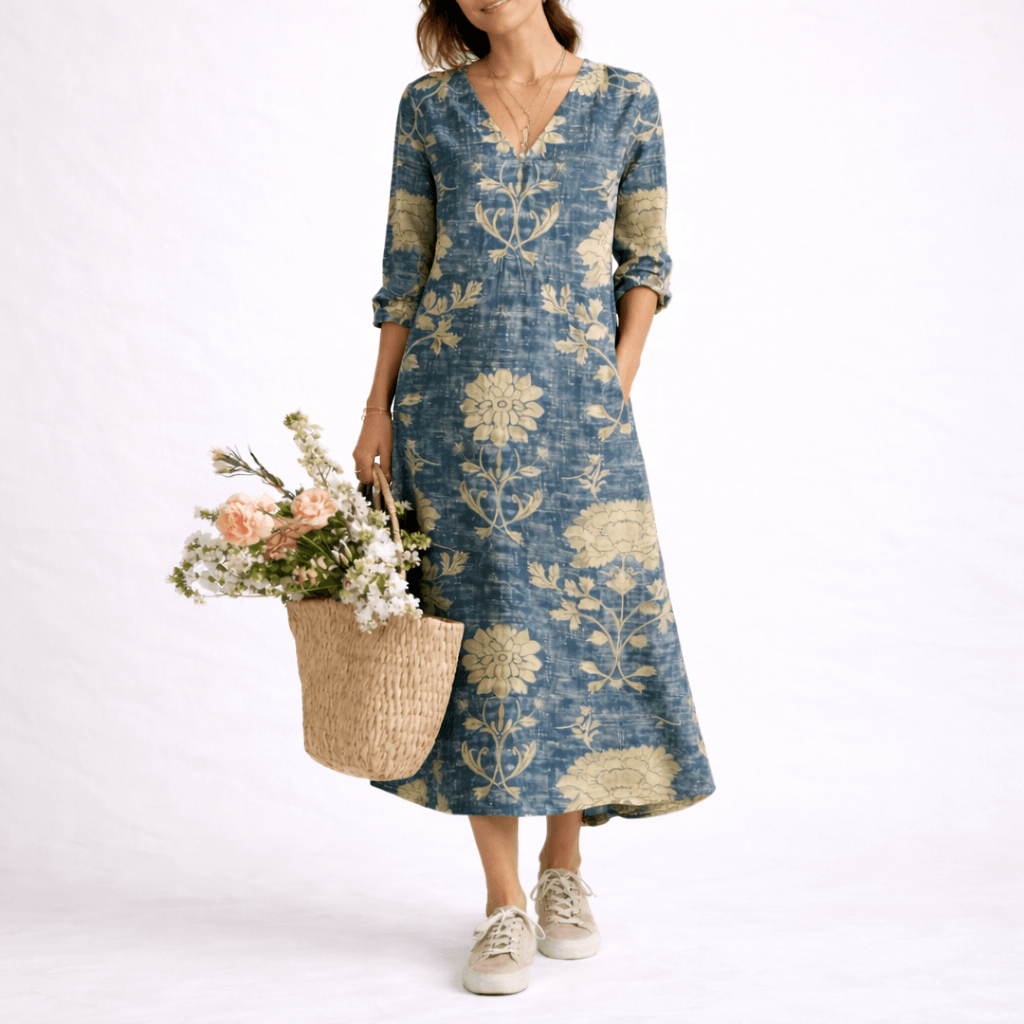 Floral Linen Women's Summer Midi Dress with Three-Quarter Sleeves