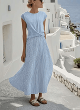 Striped Linen-Blend Twisted-Waist Cap-Sleeve Summer Midi Dress