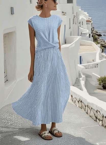 Striped Linen-Blend Twisted-Waist Cap-Sleeve Summer Midi Dress