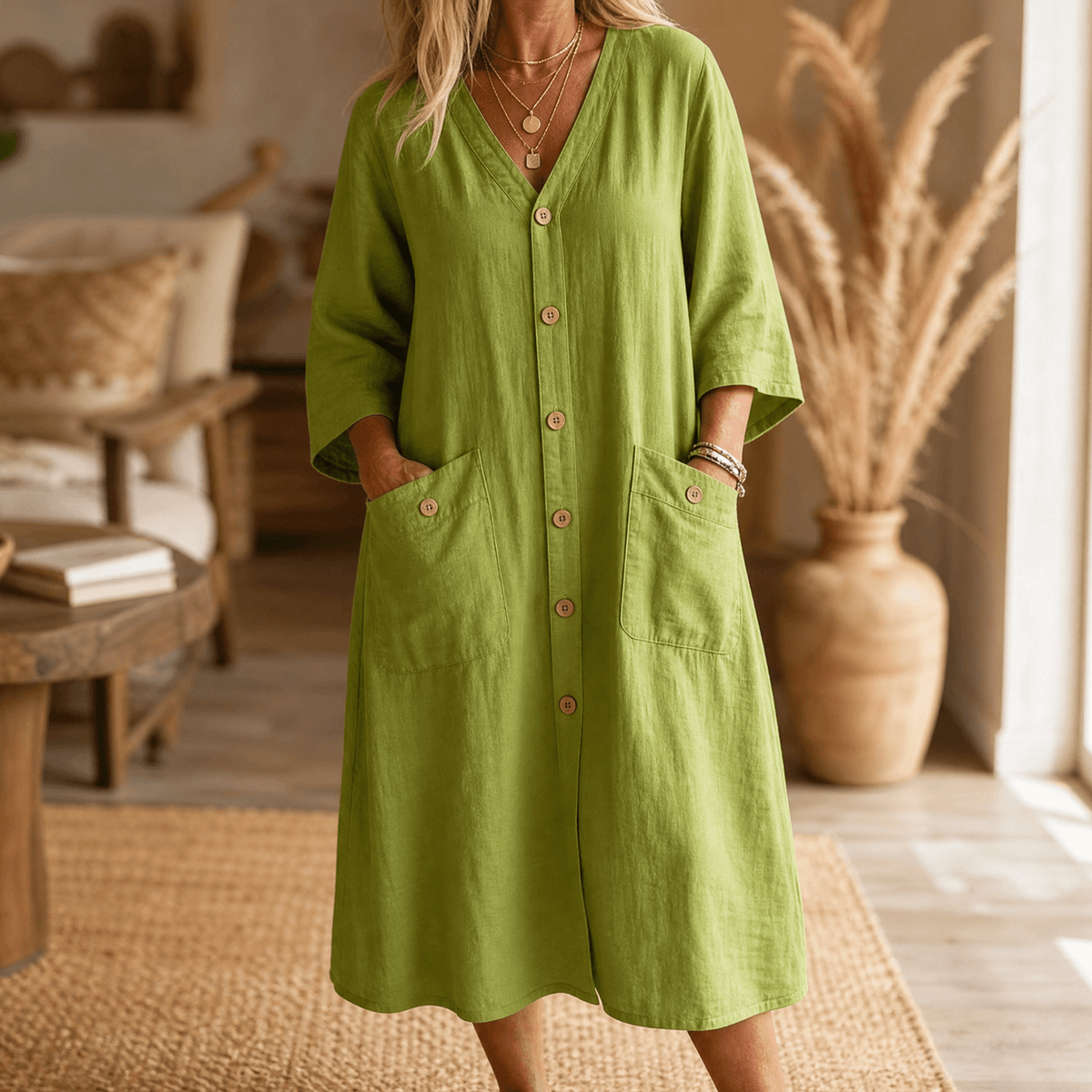 Button-Front V-Neck Midi Dress with Patch Pockets for Women