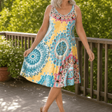 Women's Sleeveless A-Line Mandala Print Summer Dress with Scoop Neck