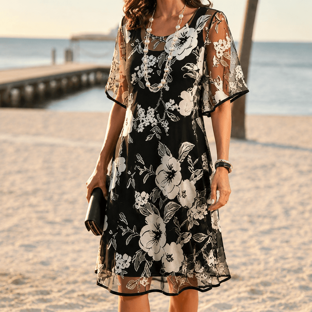 Solenya Black Floral Chiffon A-Line Women's Midi Dress with Sheer Overlay