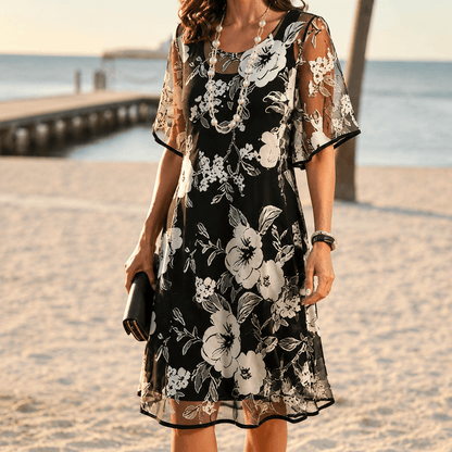 Solenya Black Floral Chiffon A-Line Women's Midi Dress with Sheer Overlay