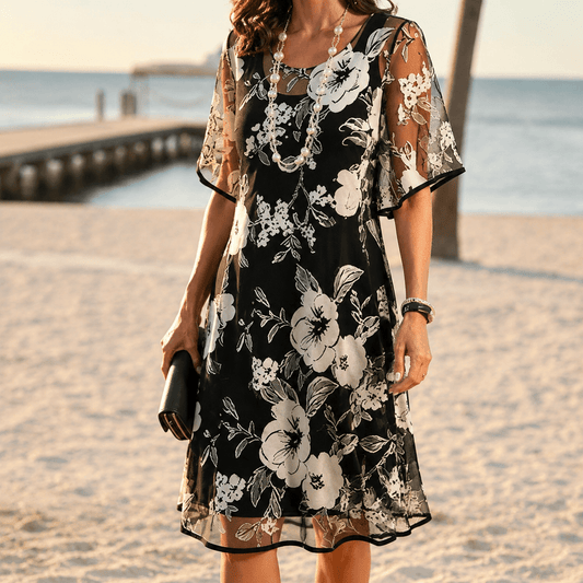 Solenya Black Floral Chiffon A-Line Women's Midi Dress with Sheer Overlay