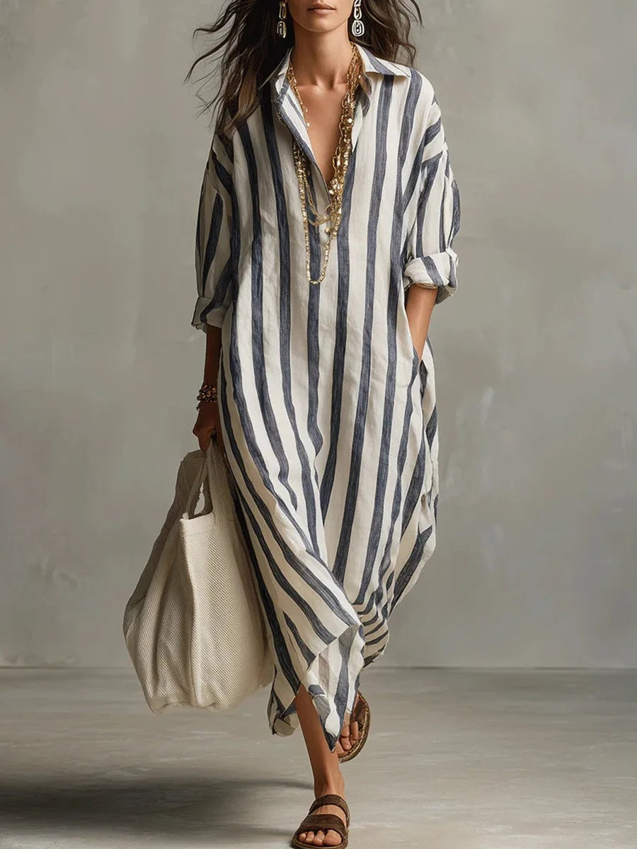 Pepa Striped Cotton Women's Midi Dress with Shirt Collar and Rolled Sleeves