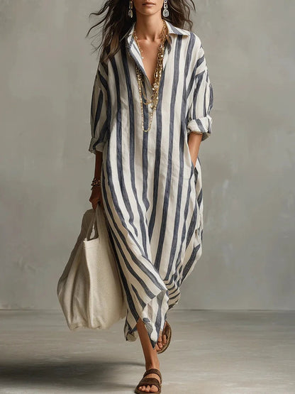 Pepa Striped Cotton Women's Midi Dress with Shirt Collar and Rolled Sleeves