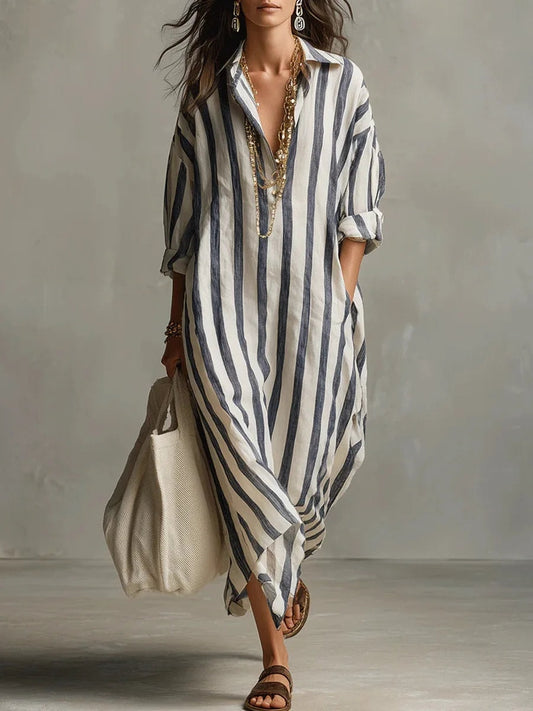 Pepa Striped Cotton Women's Midi Dress with Shirt Collar and Rolled Sleeves