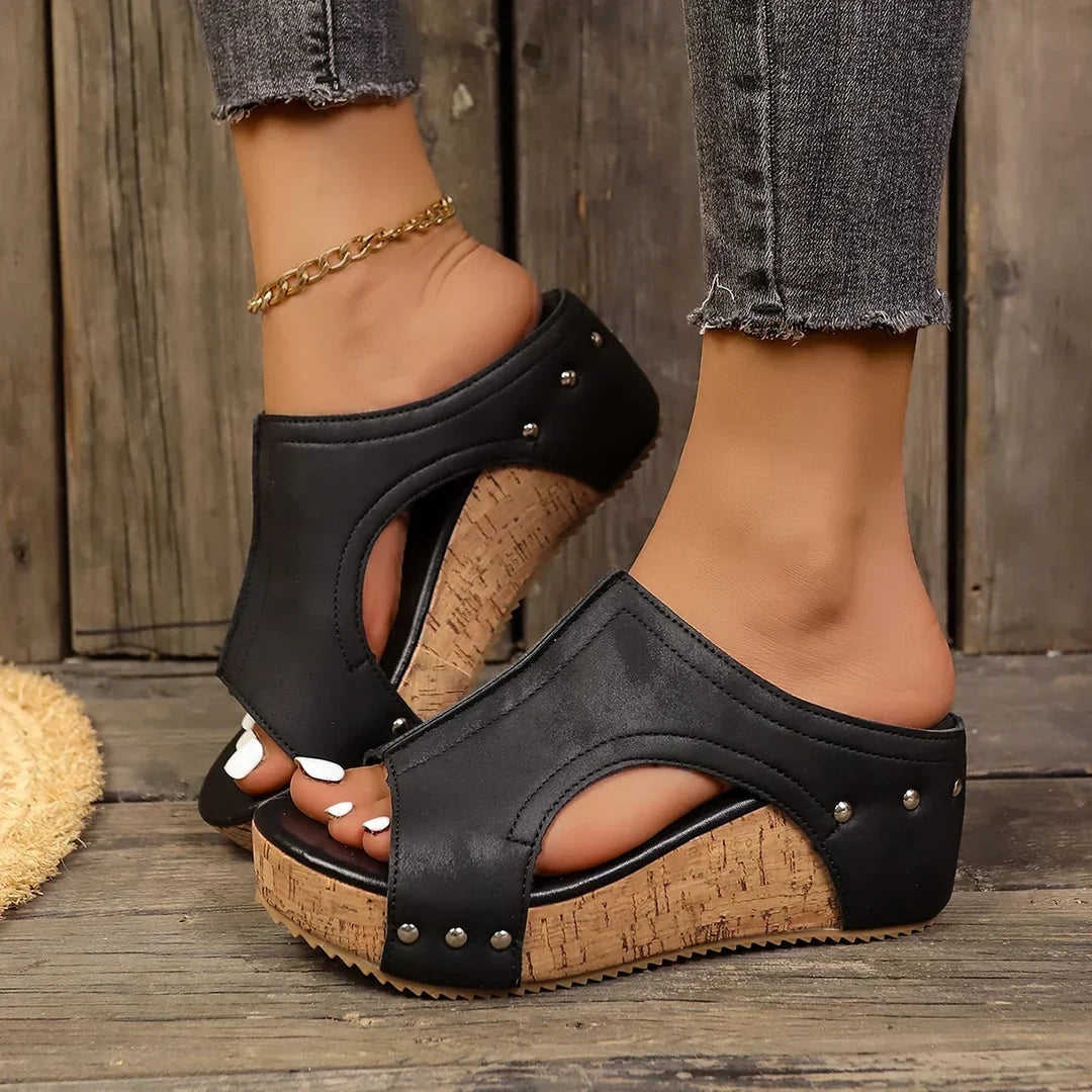 Studded Platform Wedge Sandals with Open Toe and Side Cutouts
