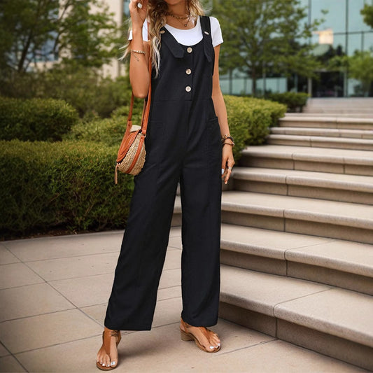 Women's Wide-Leg Overall Jumpsuit with Button-Front Bib