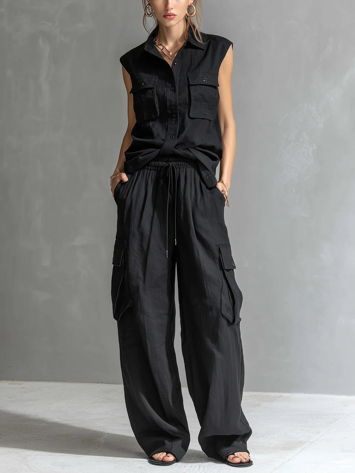 Velmira Linen Two-Piece Co-Ord Set with Sleeveless Shirt and Cargo Pants