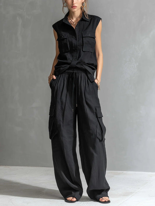 Velmira Linen Two-Piece Co-Ord Set with Sleeveless Shirt and Cargo Pants