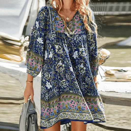 Bohemian Floral V-Neck Tunic Dress with Balloon Sleeves
