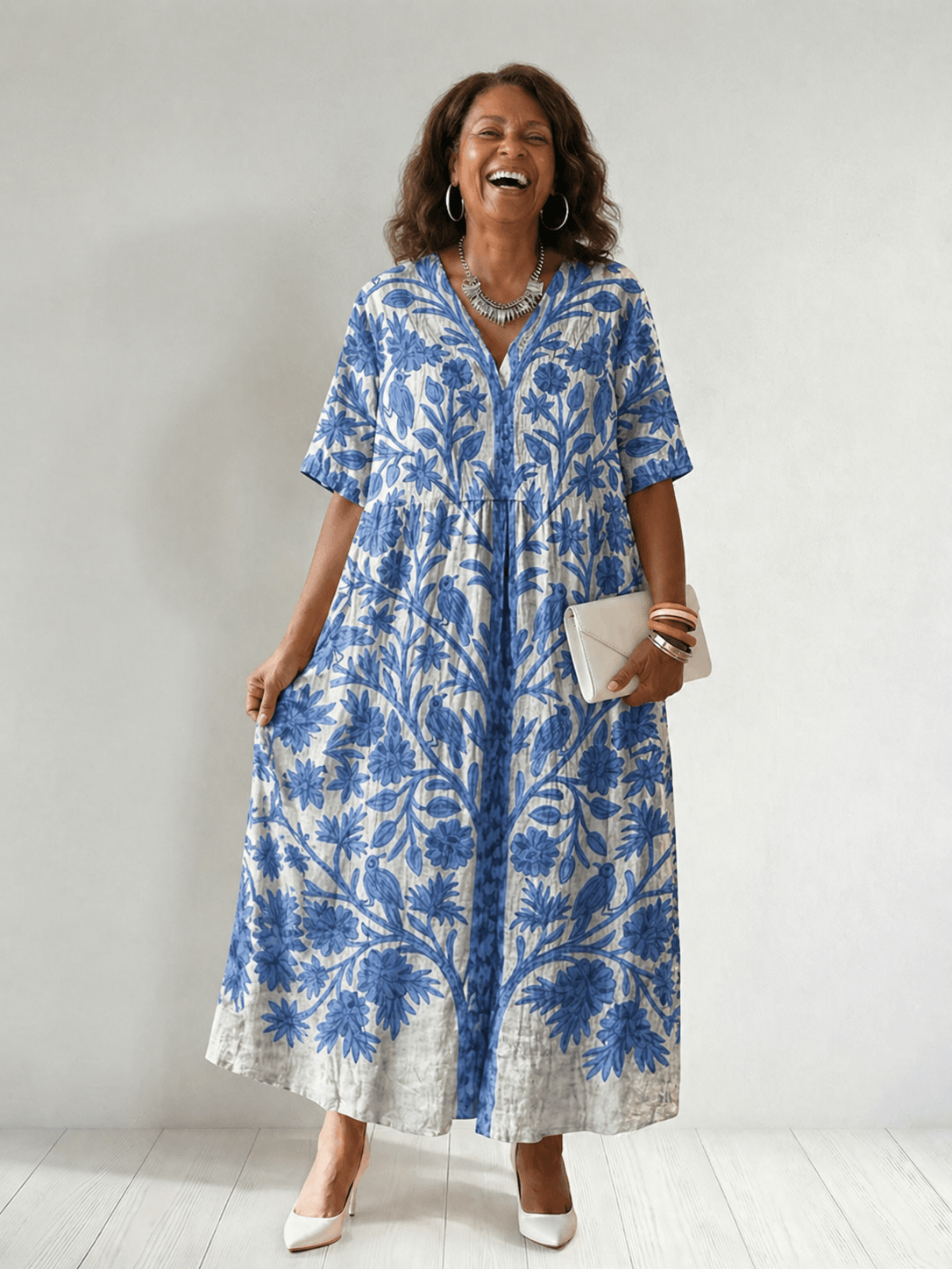 Women's Floral Print V-Neck Maxi Dress with Short Sleeves